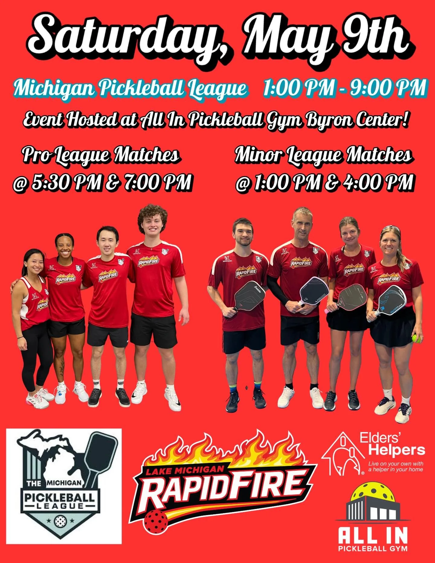 Come support our Lake Michigan Rapid Fire Pro &amp; Minor League Teams this Saturday May 9th @ All In Pickleball Gym Byron Center for the 3rd Event of the 2nd Season of the Michigan Pickleball League! Matches start at 1pm and finish up around 9pm for