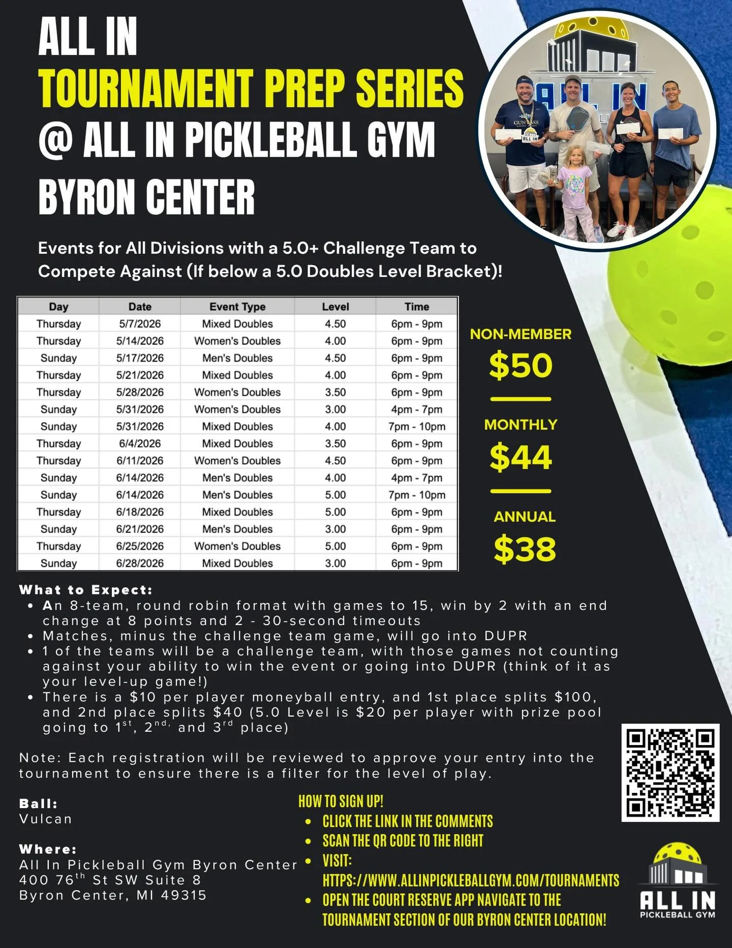 All In Pickleball Gym is pleased to bring back the Tournament Prep Series for the 2026 Spring and Summer Season!

This series is about getting players quality reps under tournament conditions with the added benefit of matches going into DUPR, a money