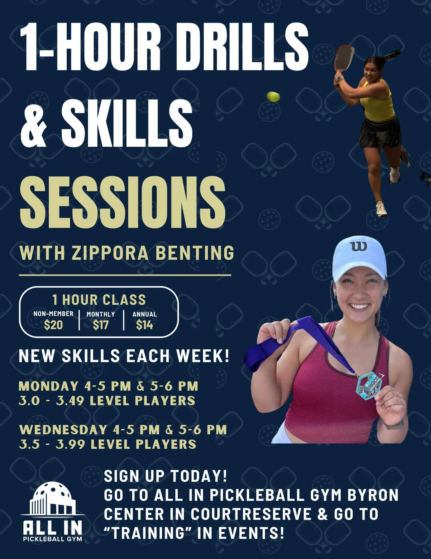 Are you a developing 3.0+ or 3.5+ player looking to work on your pickleball tools? All In Pickleball Gym has got you covered! 1-hour drills and skills classes are launching, with Zippora Benting as our first showcased instructor. Sessions for 3.0+ pl