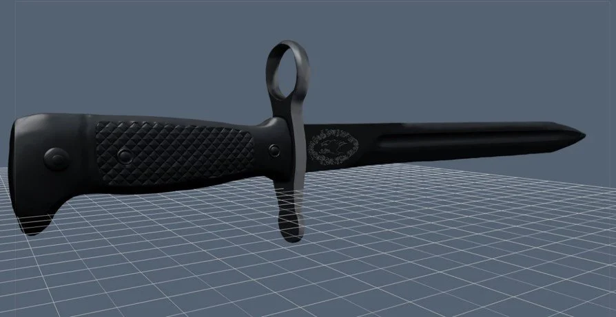 A screenshot of the bayonet being modeled in Cinema 4D