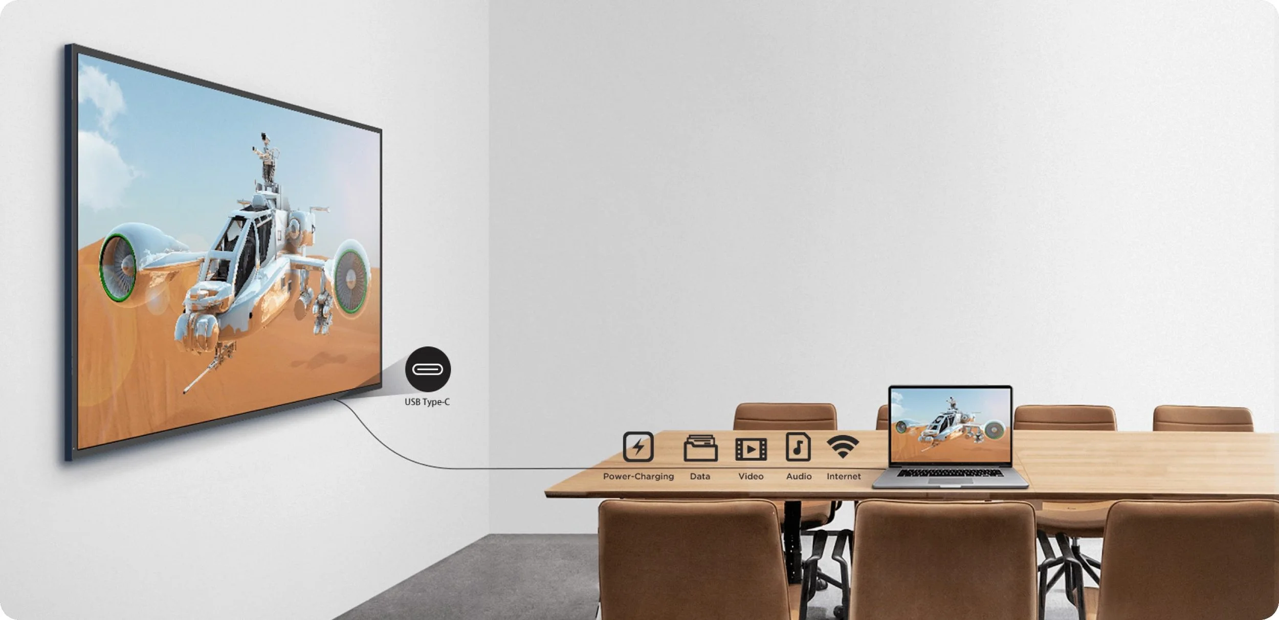 Sala de reunión con una mesa de madera y varias sillas, una laptop y una pantalla grande en la pared que muestran el mismo drone en vuelo con componentes de tecnología, con íconos que representan carga, datos, video, audio e internet.