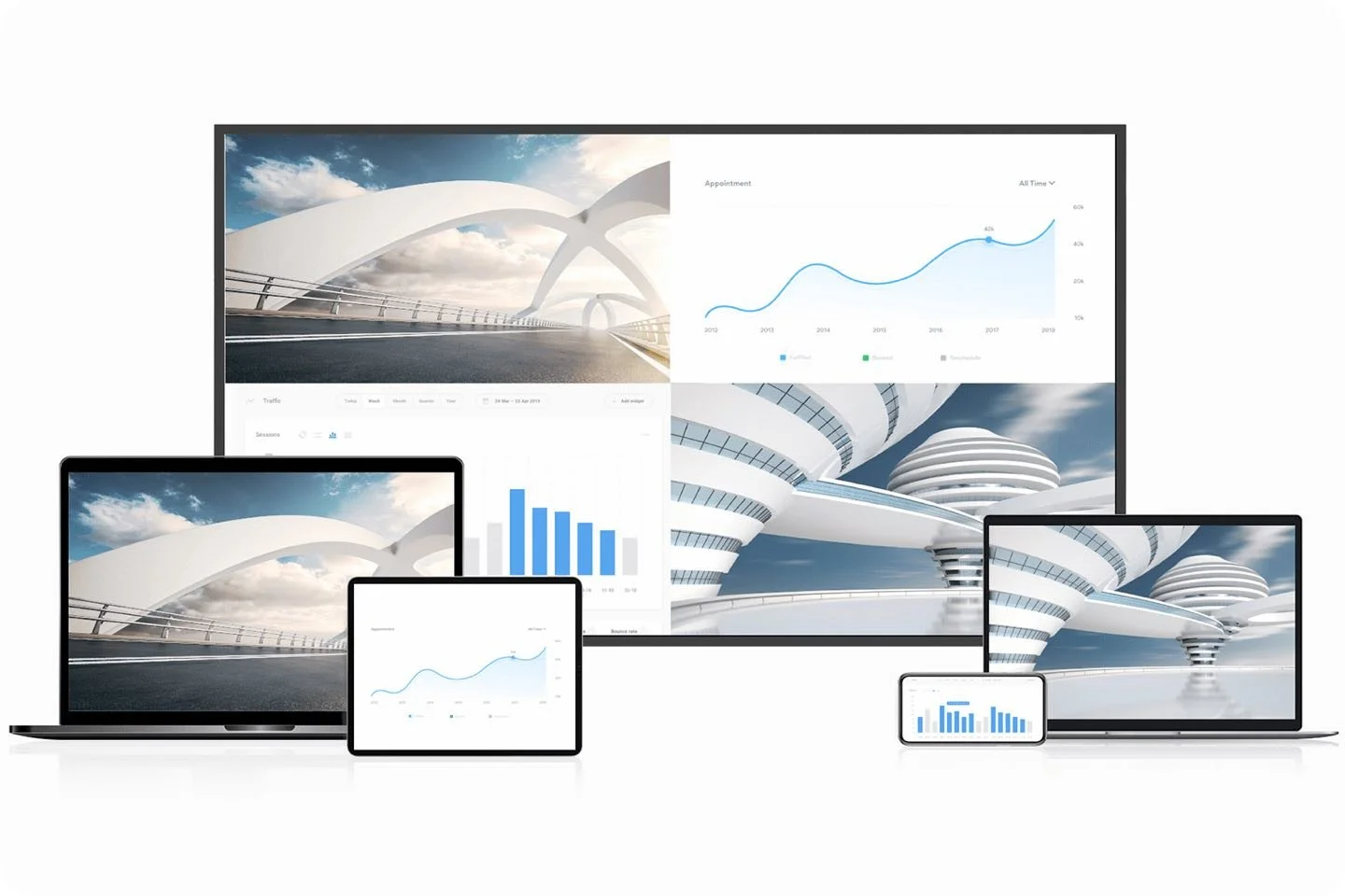 Conjunto de dispositivos electrónicos mostrando gráficos y diseño arquitectónico futurista.