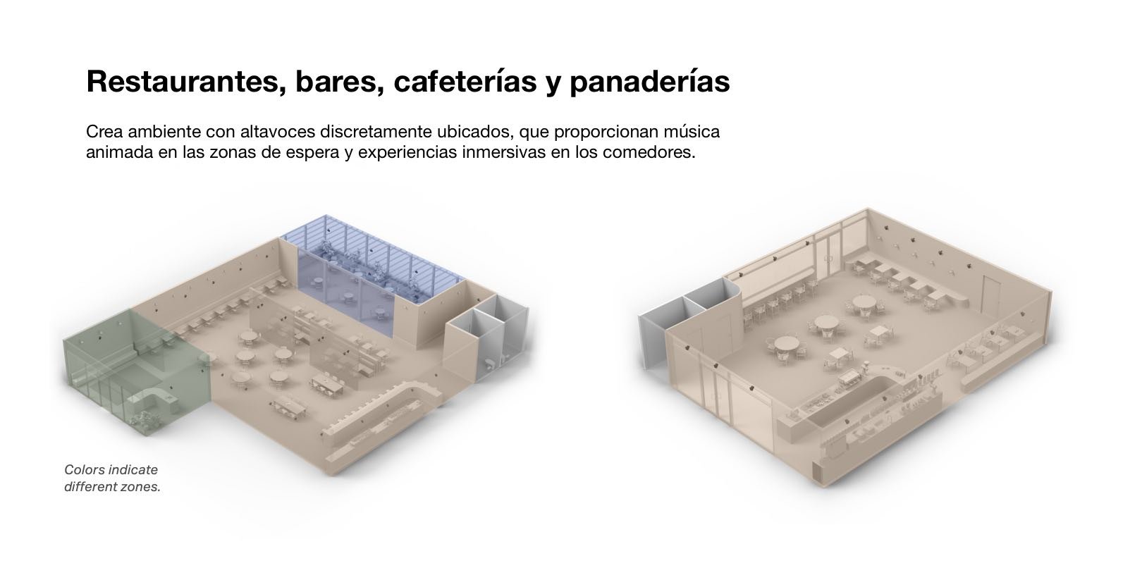 Plano de dos espacios para restaurantes, bares, cafeterías y panaderías con distintas áreas y mobiliario, con zonas destacadas en diferentes colores para indicar distintas áreas.