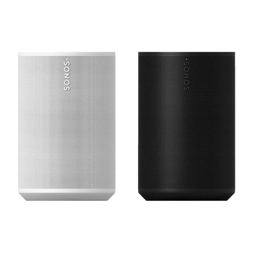 Dos altavoces inalámbricos de la marca Sonos, uno en color blanco y otro en negro, en un fondo blanco con marcas de agua y texto.
