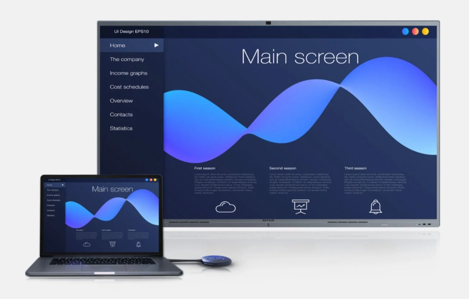 Pantalla de computadora portátil y pantalla grande mostrando una interfaz de usuario con gráficos de ondas azules y menú lateral con opciones, en un entorno de oficina o presentación.