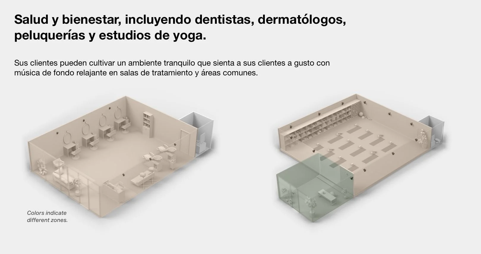 Planta de un salón de estética con áreas de atención al cliente, sala de yoga y espacio para tratamientos, con colores diferentes para distintas zonas.