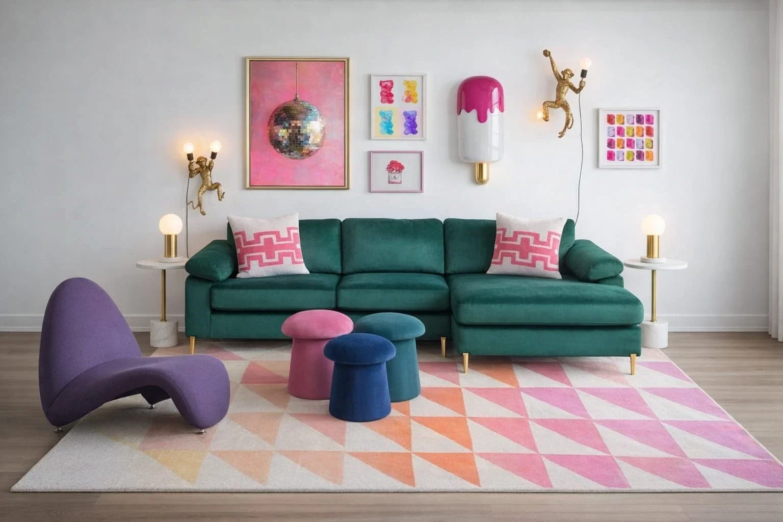 A modern living room featuring an emerald velvet sofa, multicolored velvet stools, a purple seat, various multi-colored artwork, and a gradient patterned area rug.