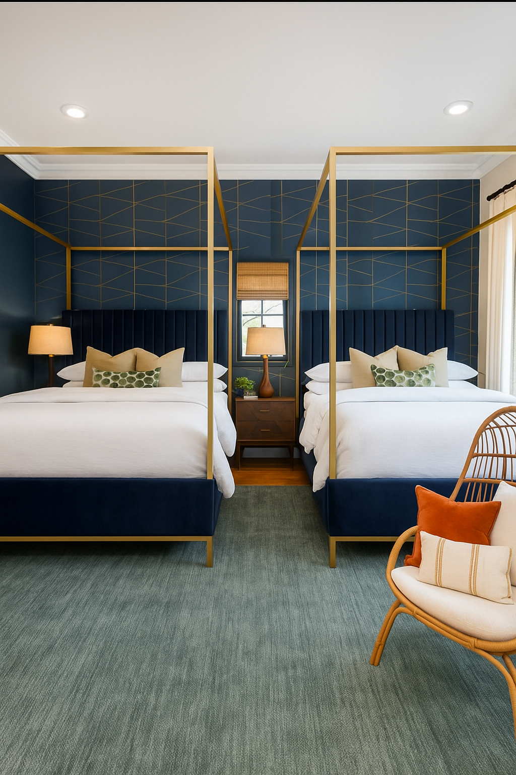 A design concept image of a bedroom with two beds with gold bedframes and rich hues of blue, green, and orange accents.
