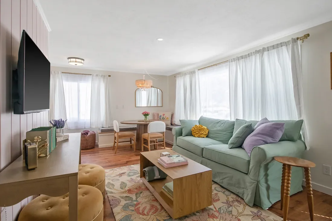 Wildflower Cottage short-term rental design living room and dining area view