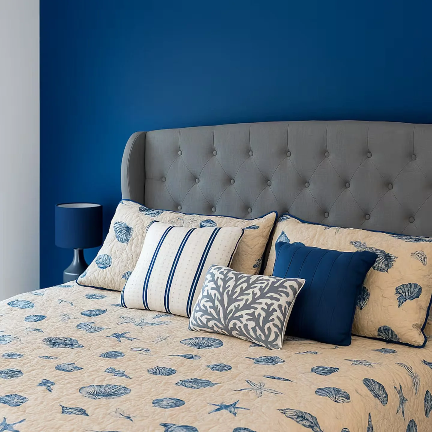 A close-up view of a bed with a grey headboard, cream bedding with blue seashells, layered pillows, a blue lamp on the side, and resting against a deep blue wall.