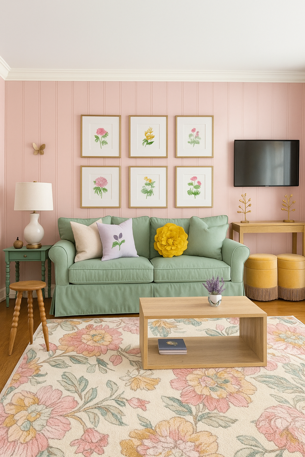 A design concept image of a soft pink living room with a spring green sofa, wooden rectangular coffee table, green side table, and various spring color accents.