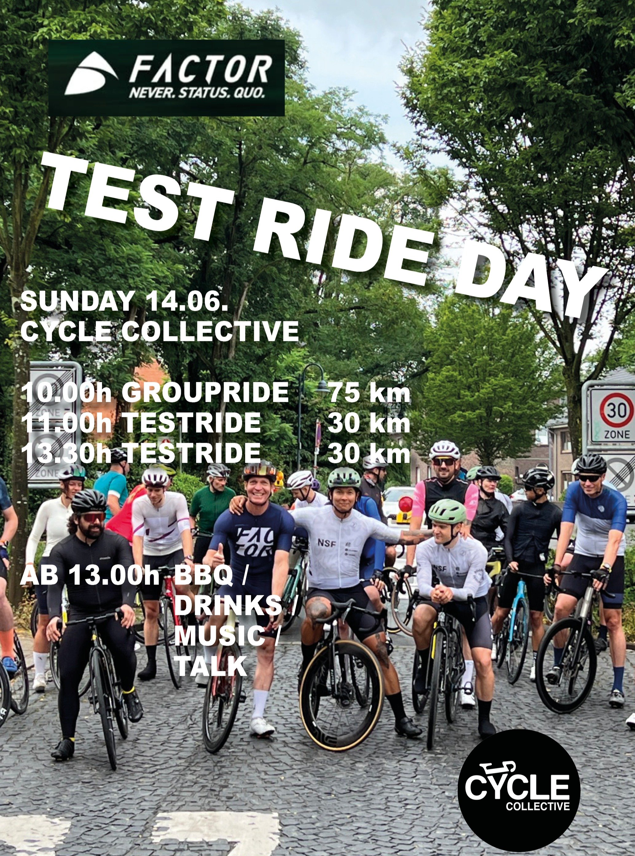 Kommt gerne am Sonntag.

Fahrt eure eigene Runde und macht Pause bei uns .... oder

macht mit bei unserem Social Ride um 10.00h. K&ouml;nnt ihr euch im CYC - Strava Club anmelden ..... oder

Bucht euch noch ein Factor Bike f&uuml;r die Testrunden um 