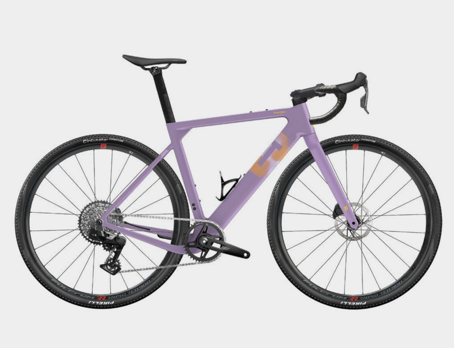 Ein violettes Trek E-Bike mit schmalen Reifen und Drop-Handlebars, vor weißem Hintergrund.