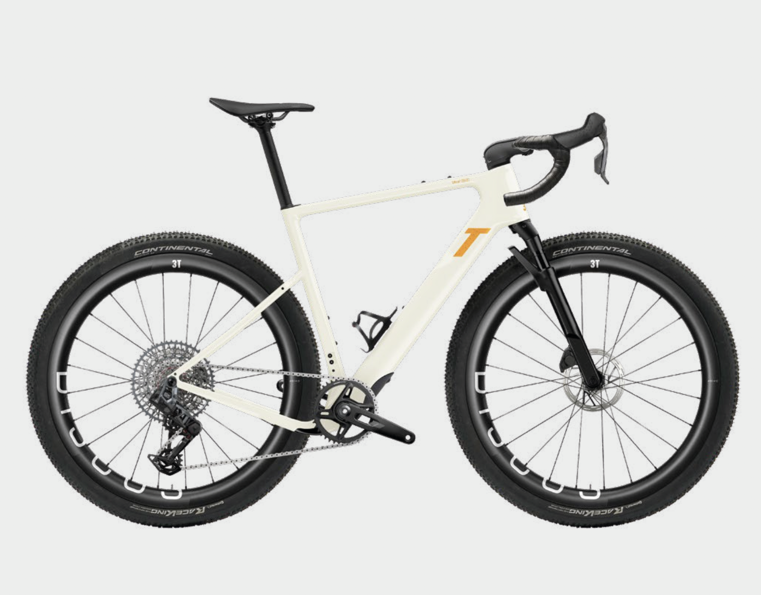 Schwarz-weißes Mountainbike mit weißen Rahmen, schwarzen Reifen und orangefarbenem 'T'-Logo auf dem Rahmen.