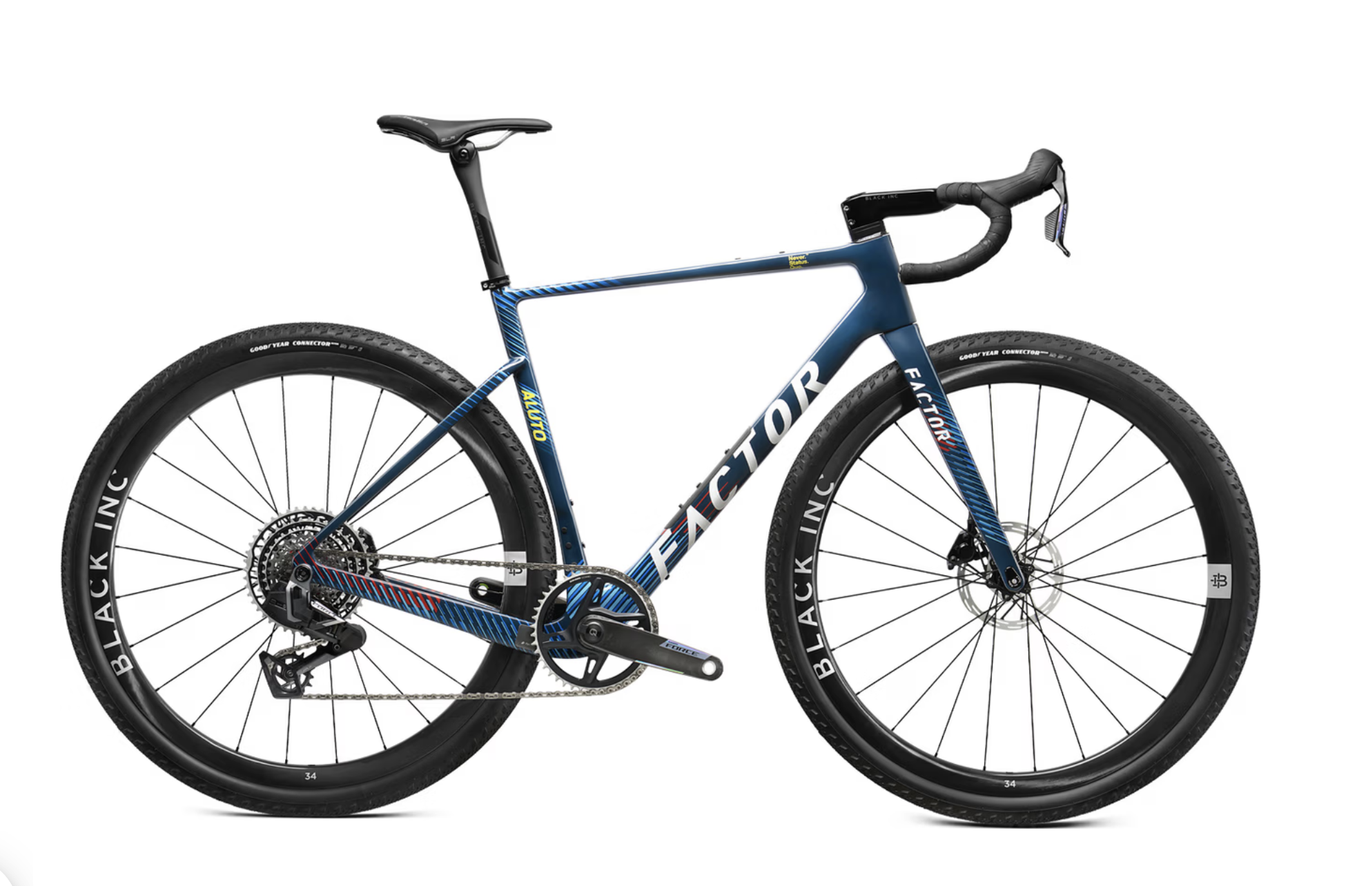 Ein blauer Rennrad mit dünnen Reifen, schwarzem Sattel und schwarzem Lenker, isoliert auf weißem Hintergrund.