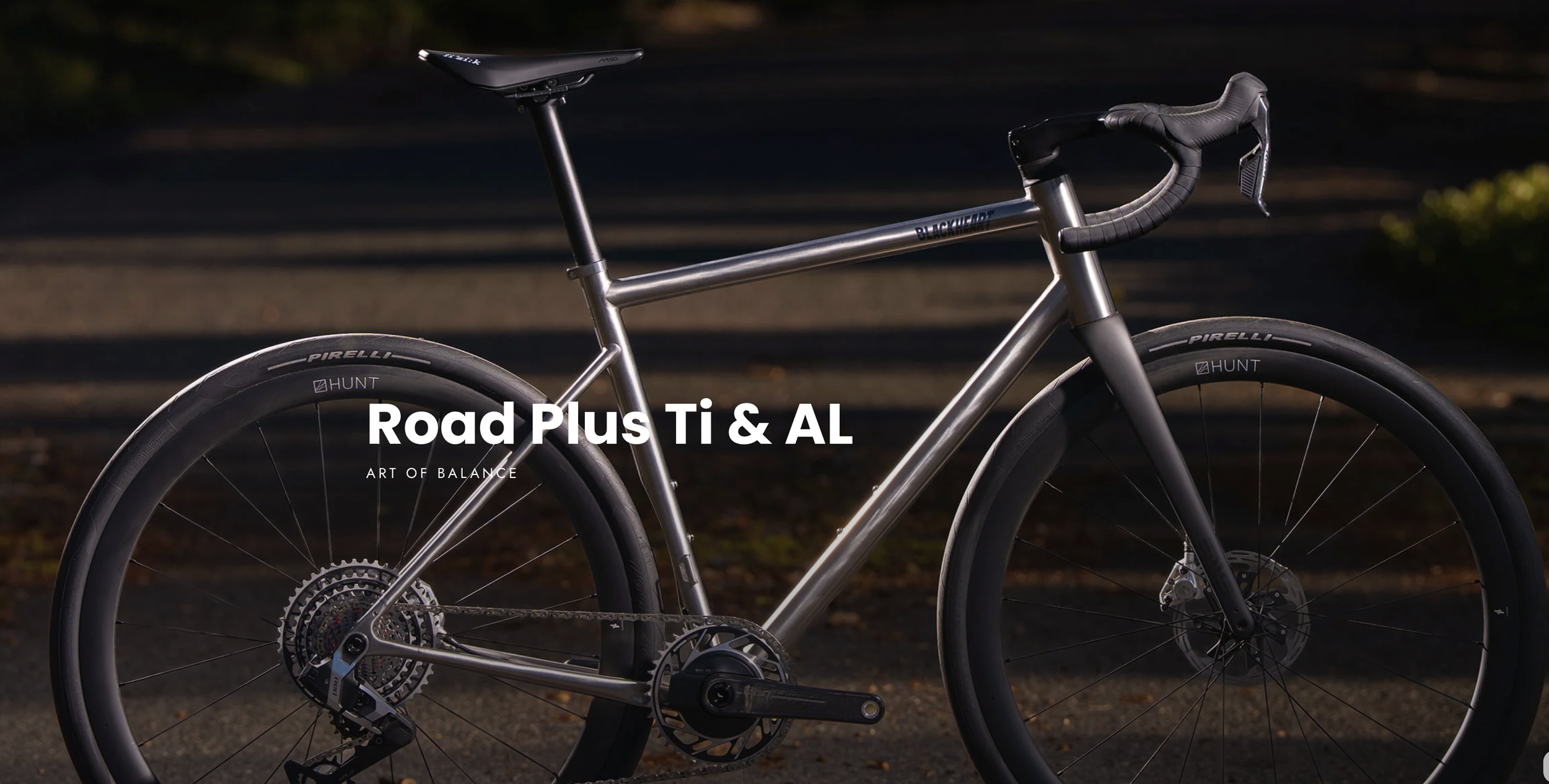 Ein silbernes Fahrrad auf einem Pfad, mit dem Text »Road Plus Ti & AL« und »Art of Balance« im Vordergrund.