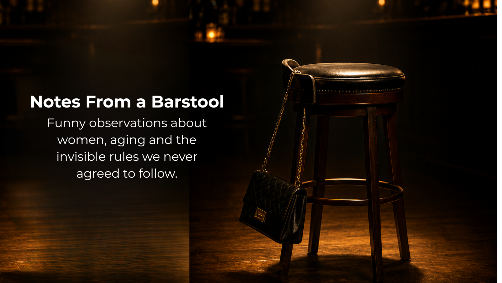 Image of a barstool with a black leather seat and wooden legs, with a black quilted handbag hanging from the seat, against a dark background with warm lighting.
