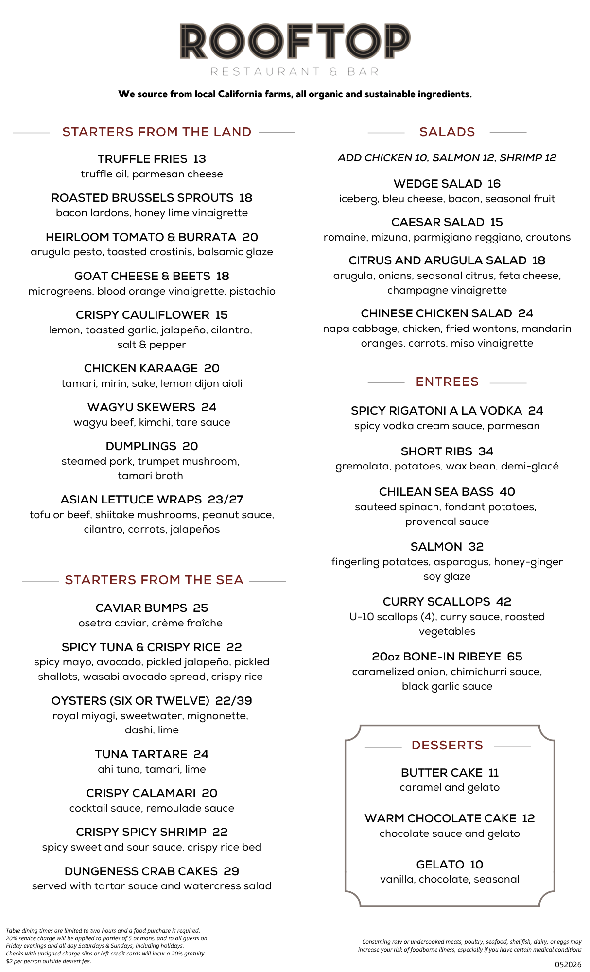 Rooftop Dinner Menu