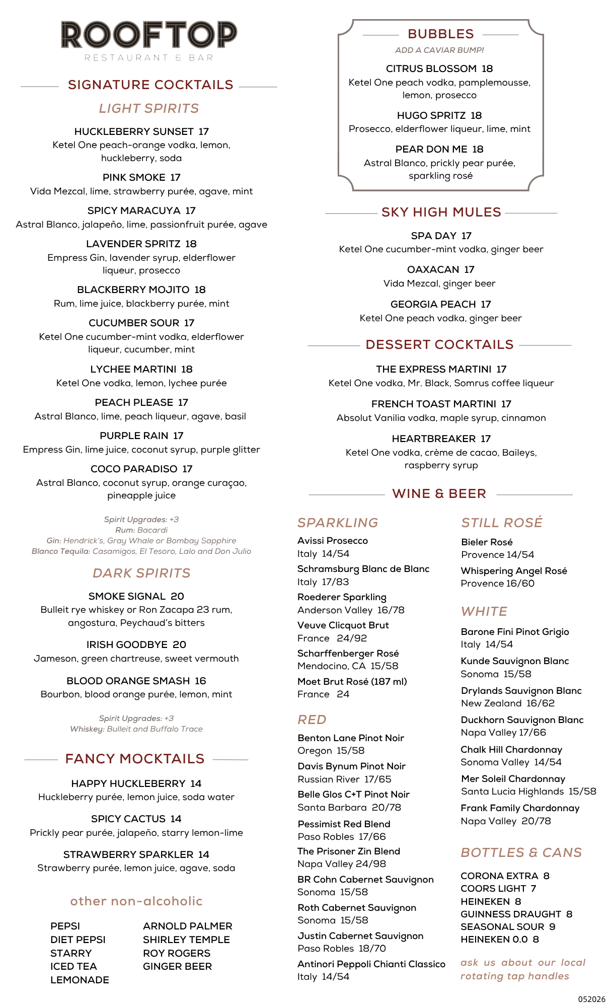 Rooftop Drink menu
