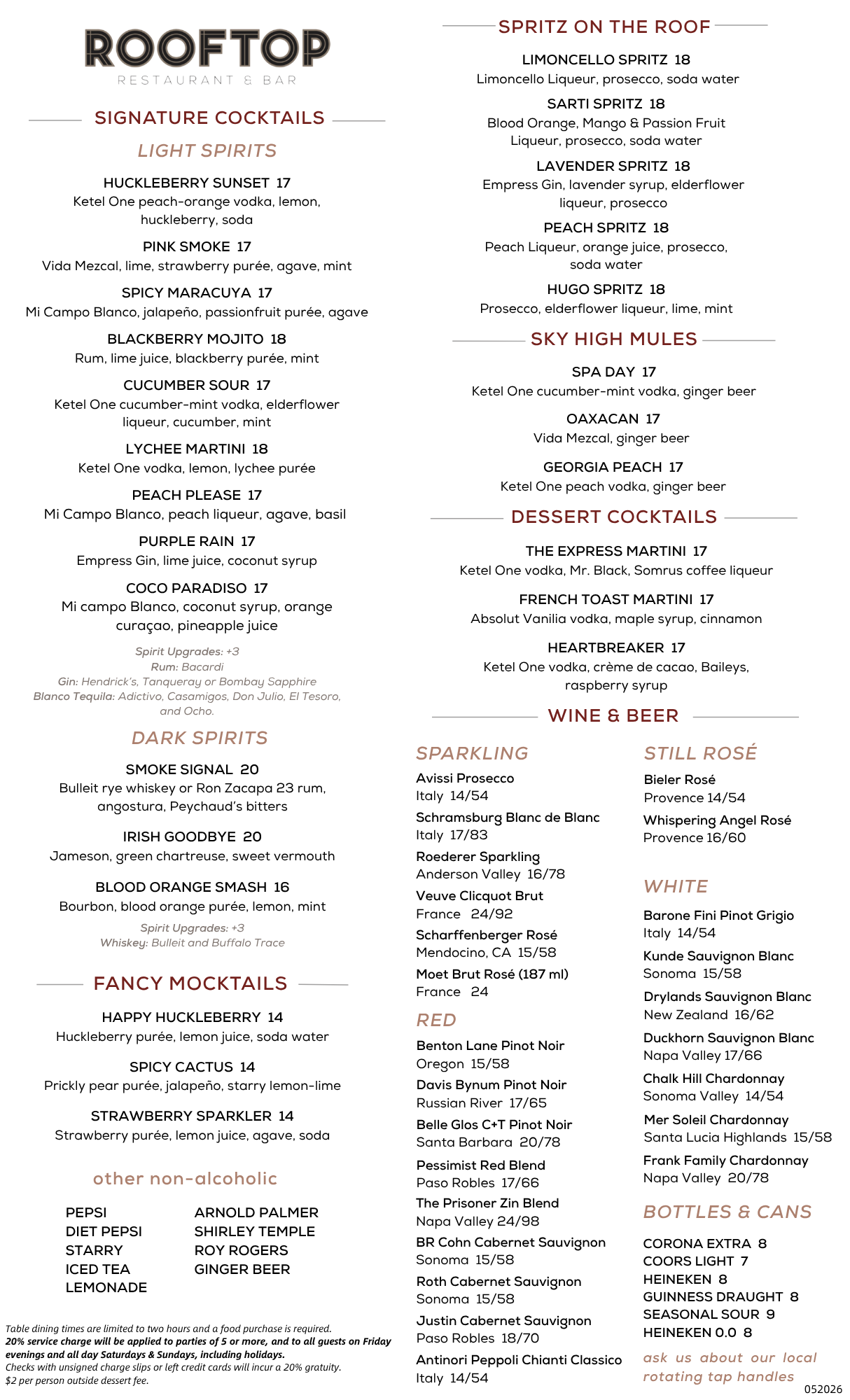 Rooftop Drink Menu