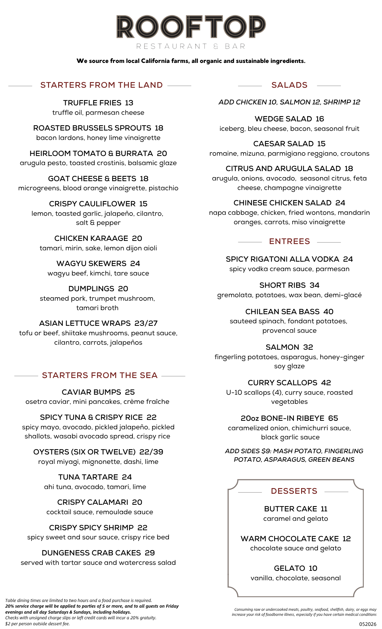 Rooftop Food Menu