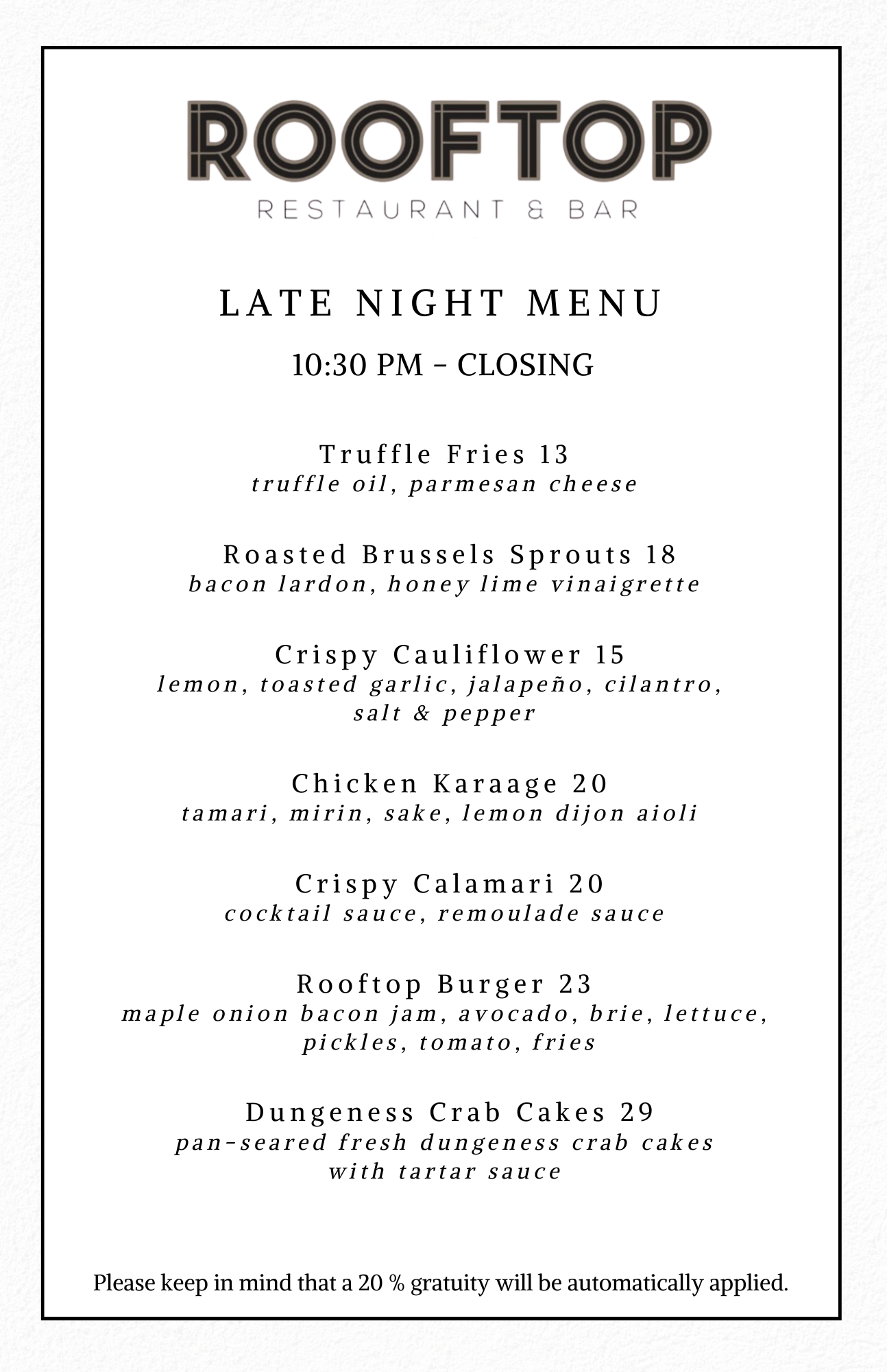 Late Night Menu