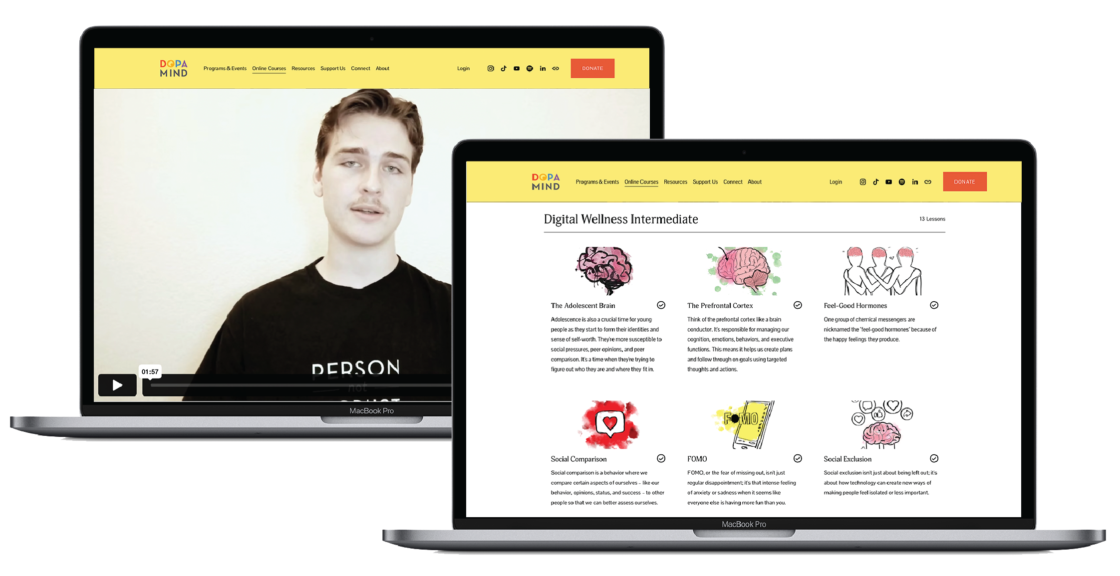 Two MacBook Pro laptops displaying a website with a bright yellow header, black text, and colorful graphics. The left laptop shows a paused video with a young man speaking, and the right laptop shows an educational webpage about digital wellness.