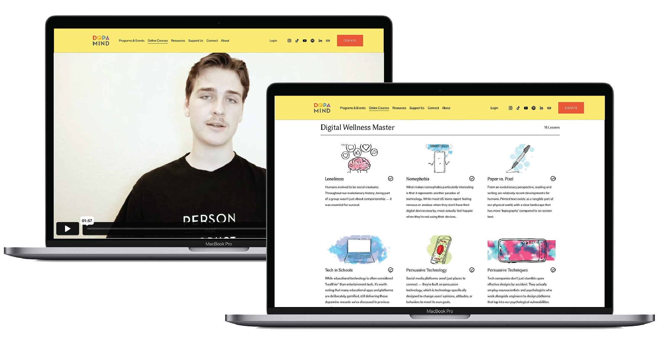 Open MacBook Pro displaying a website with a video of a young man on the left and an article about digital wellness on the right, with a yellow header and red "Donate" button.