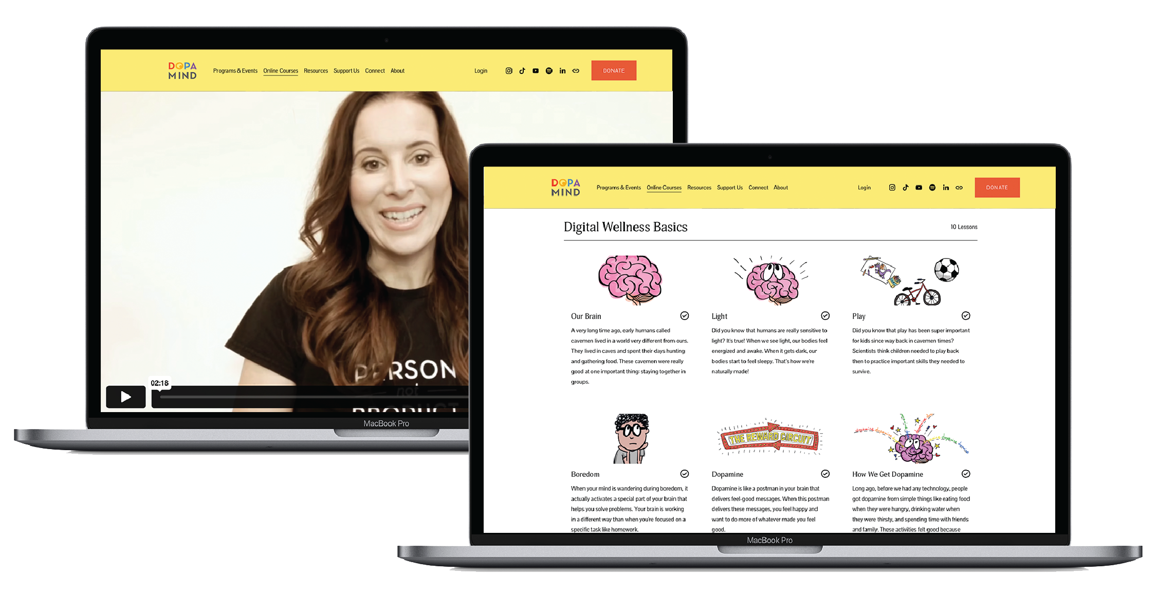 Two MacBook Pro laptops displaying a website about digital wellness and online courses, with a woman speaking in a video on the left laptop and text with illustrations on the right laptop.