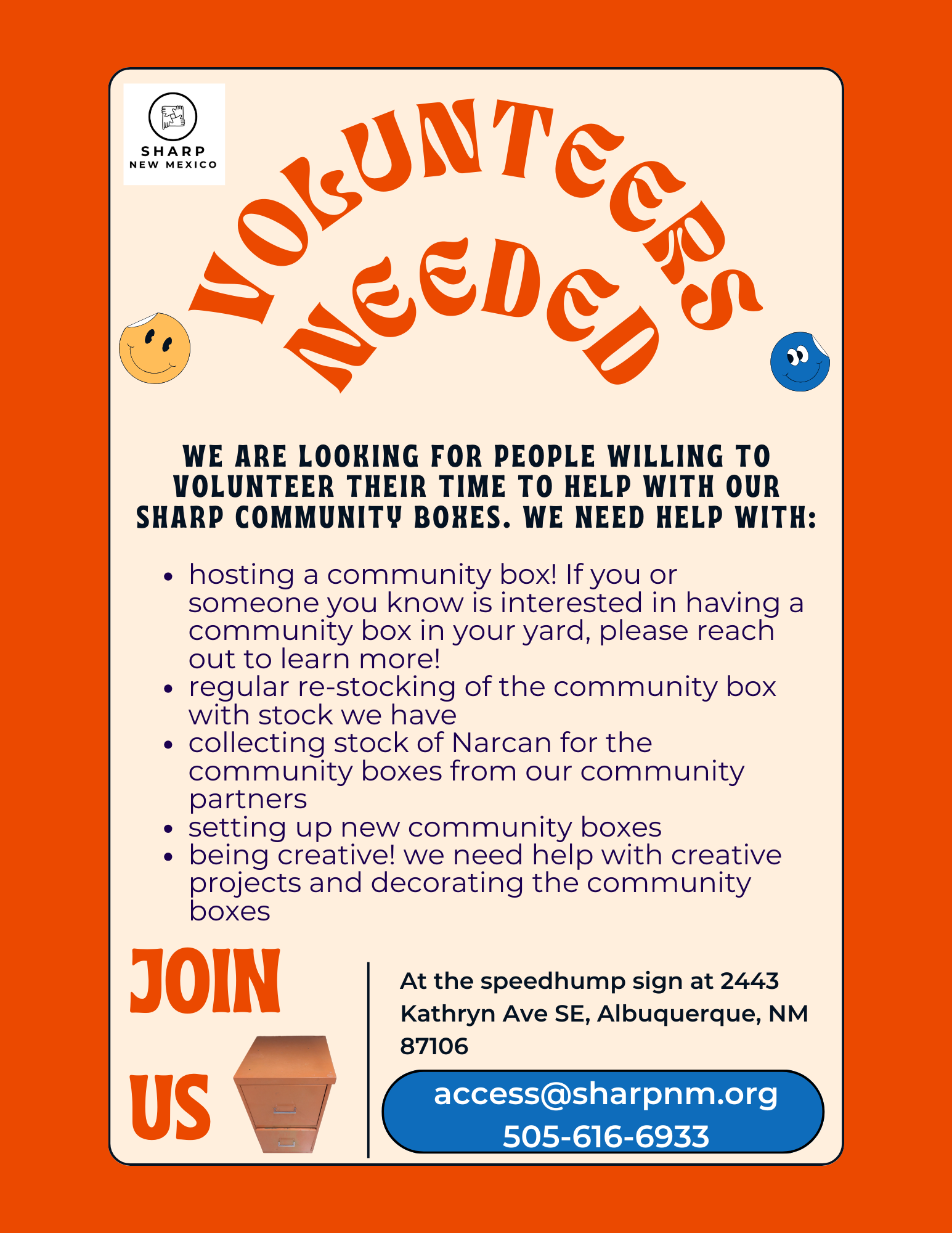 Flyer seeking volunteers for community boxes, showing the title 'Volunteers Needed' in large red letters, with a description of volunteer tasks, an orange background, and contact information including an email address and phone number.