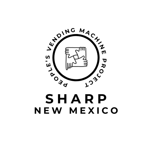 Logo for People’s Vending Machine Project in Sharp, New Mexico, featuring the state of New Mexico made up of interlocking hards, symbolic of community and values of connection