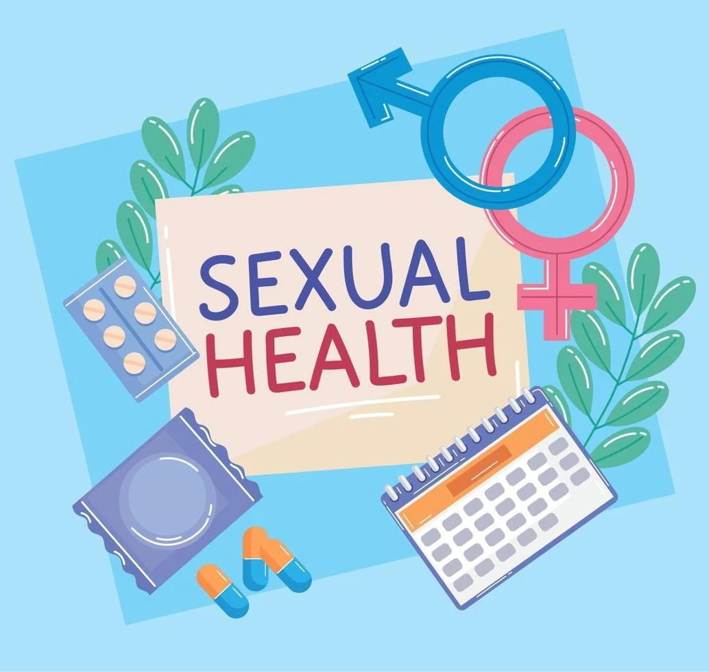 Illustration promoting sexual health with symbols like a male and female gender sign, medication, a calendar, and green leaves.