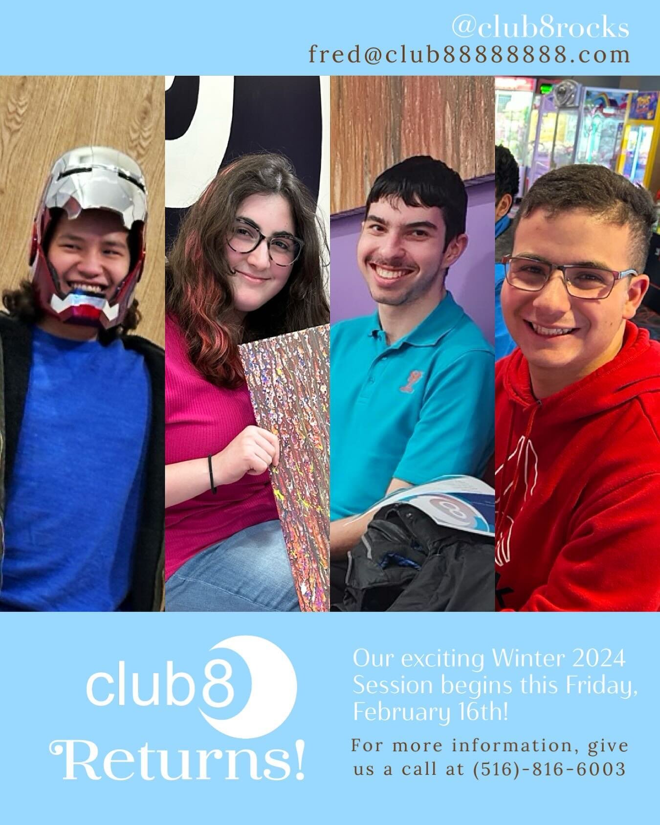 Club 8 returns this Friday, February 16th! For more information about Club 8, visit our website at club8.rocks or give us a call at (516)-816-6003! 👏✨🎱