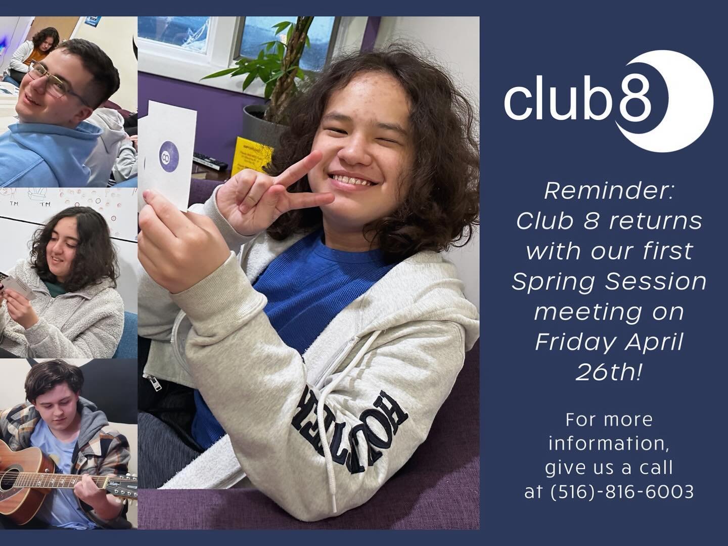 📞 Reminder: Club 8 returns on Friday, April 26th with our spectacular spring session! 🌸 For more information, give us a call at (516)-816-6003 or check out our website at club8.rocks! 🎱