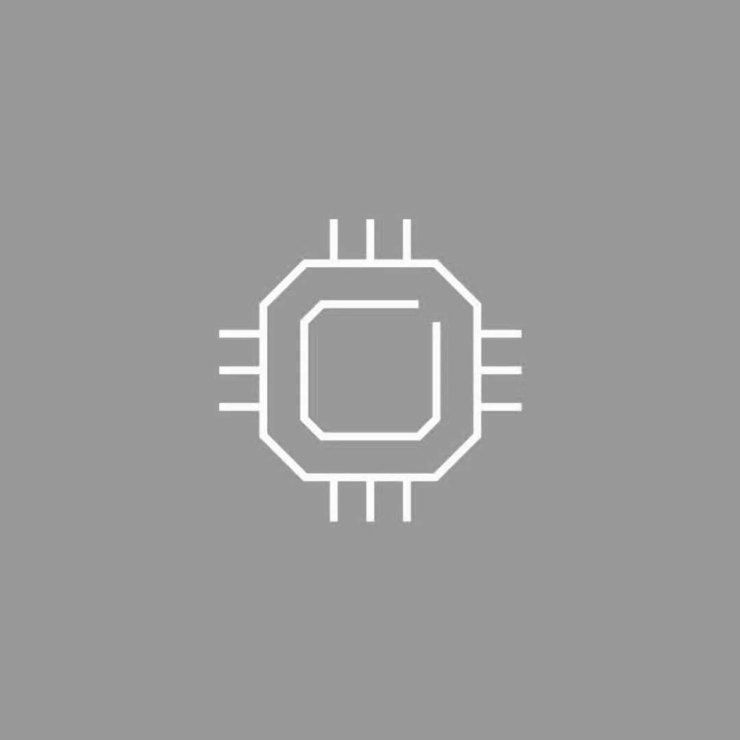 A simple line drawing of a computer chip or microprocessor on a gray background.