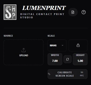 A digital screen displaying printing calibration settings, including source upload, scale, width of 7 inches, height of 5 inches, and calibration of 96 PPI.