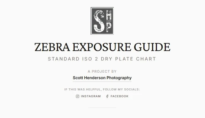 Zebra Exposure Guide cover page with title and project photographer Scott Henderson Photography, and social media details for Instagram and Facebook.
