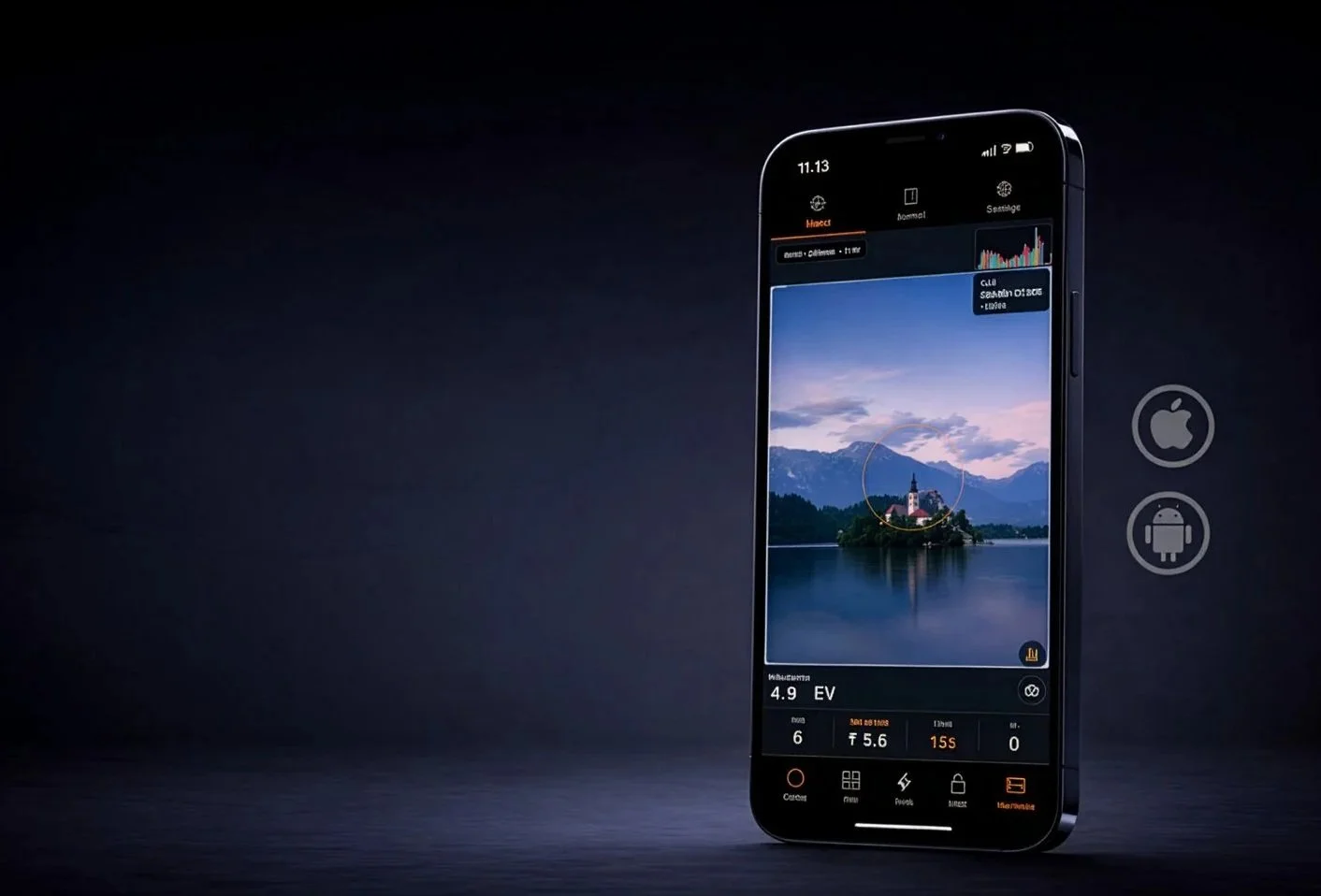 A smartphone displaying a camera app with a scenic landscape of a lake, mountains, and a small island with a church, during dawn or dusk.