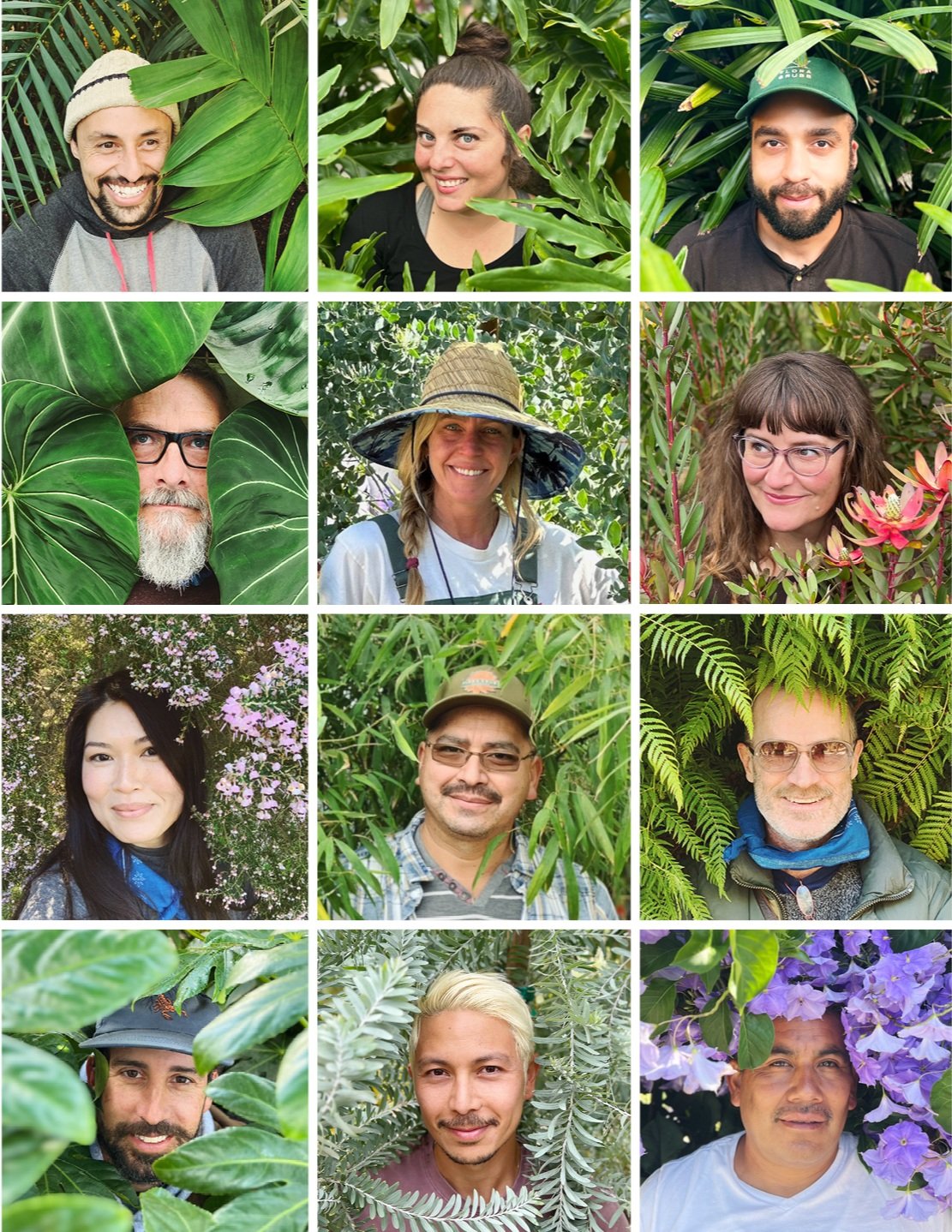 Collage of nine people in lush, green outdoor settings, surrounded by various plants and flowers.