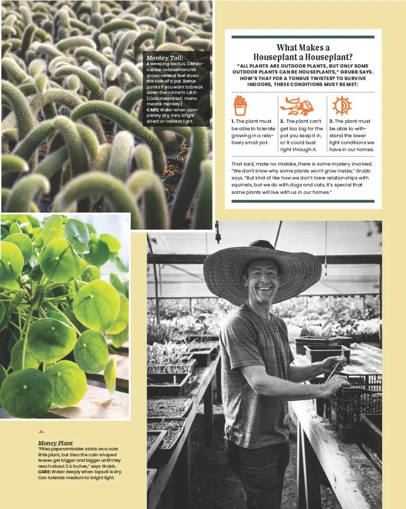 A person in a greenhouse wearing a large sun hat, smiling, surrounded by trays of seedlings and plants.