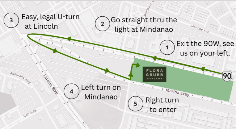 Map with driving directions to Flora Grubb Gardens, including exits, turns, and landmarks.