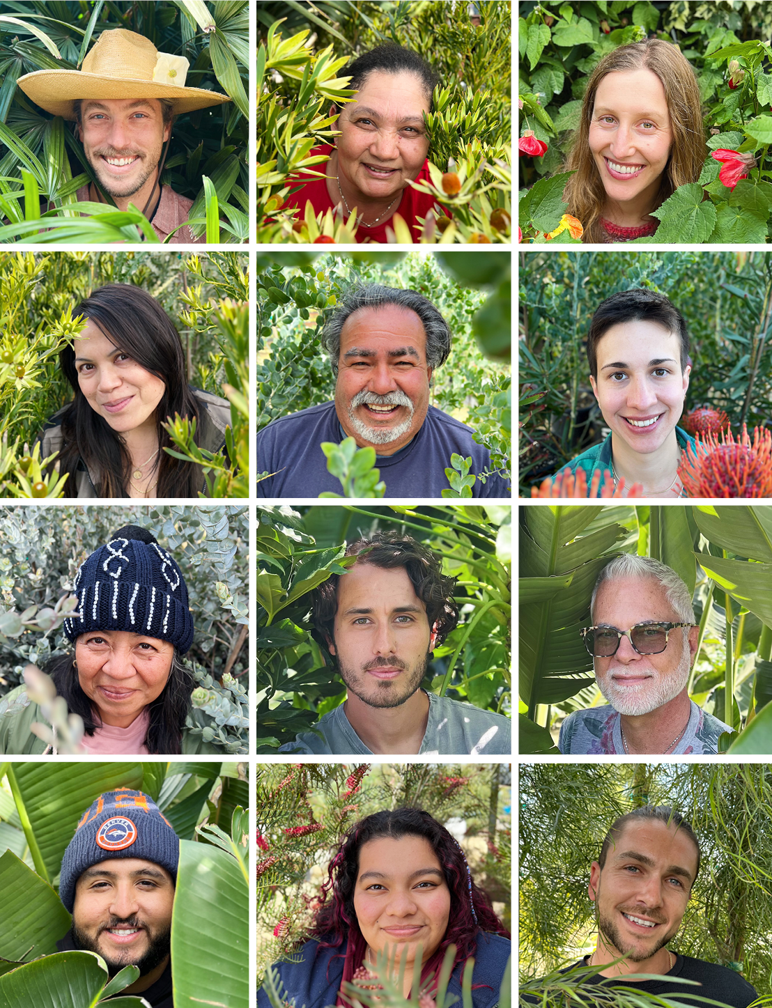 Collage of fifteen people smiling in various lush green outdoor settings with plants, flowers, and trees.