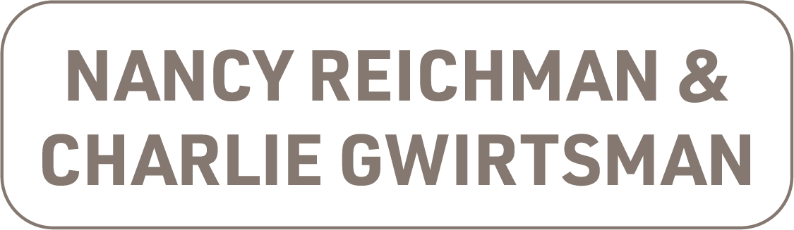 Text reads 'Nancy Reichman & Charlie Gwirtsman' in bold, gray letters on a white background with rounded edges.