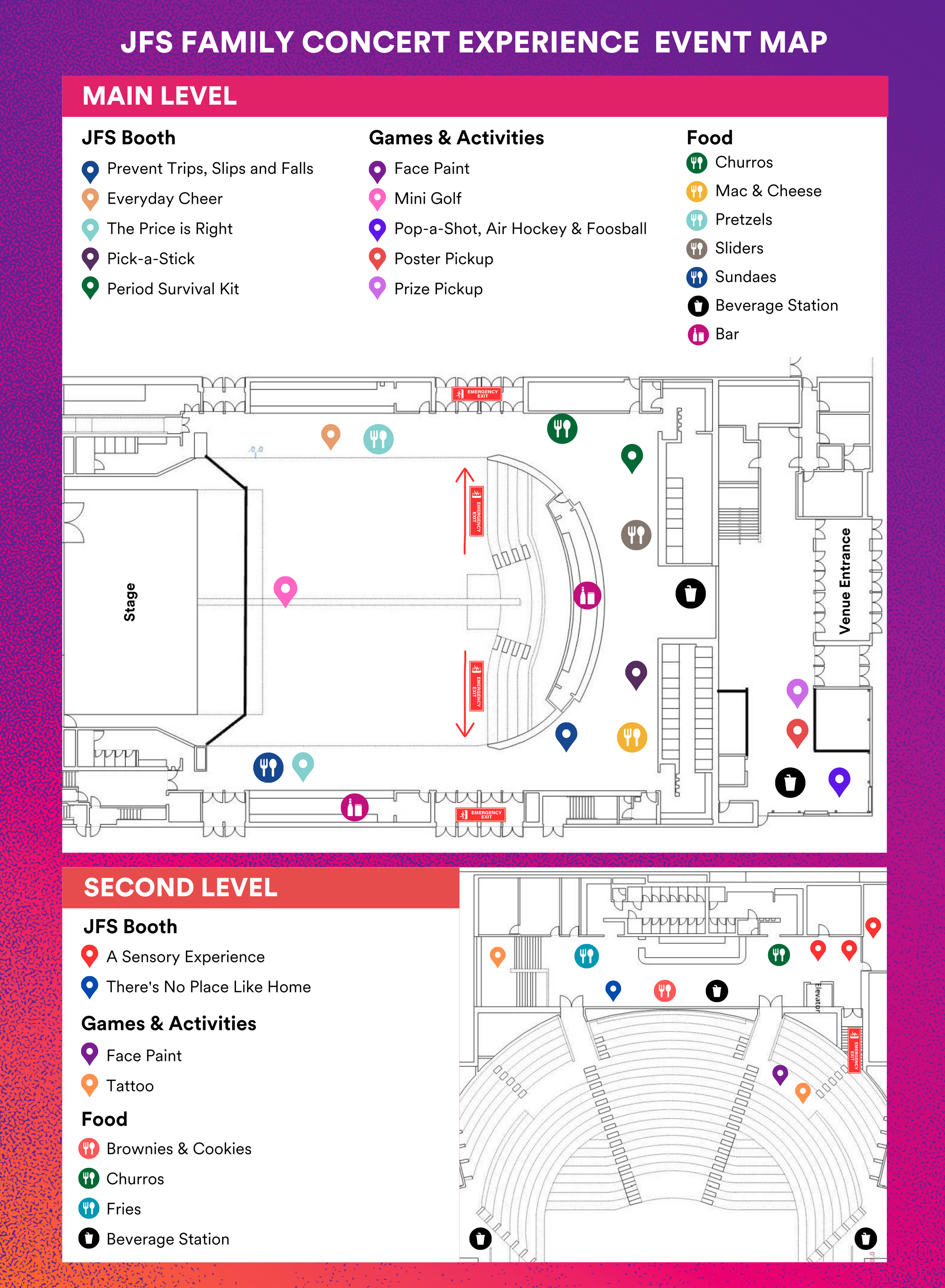 Map of the JFS Family Concert Experience Event with designated areas for main level and second level, including booths, games, activities, and food options. Main level features booths with trip prevention, cheer, pricing, pick-a-stick, and survival kit, various games like face paint, mini golf, and pop-a-shot, and food stalls with churros, mac and cheese, pretzels, sliders, sundaes, beverage station, and bar. Second level includes booths for sensory experience and a place called There's No Place Like Home, with additional gaming and food options like brownies, cookies, churros, fries, and drinks.