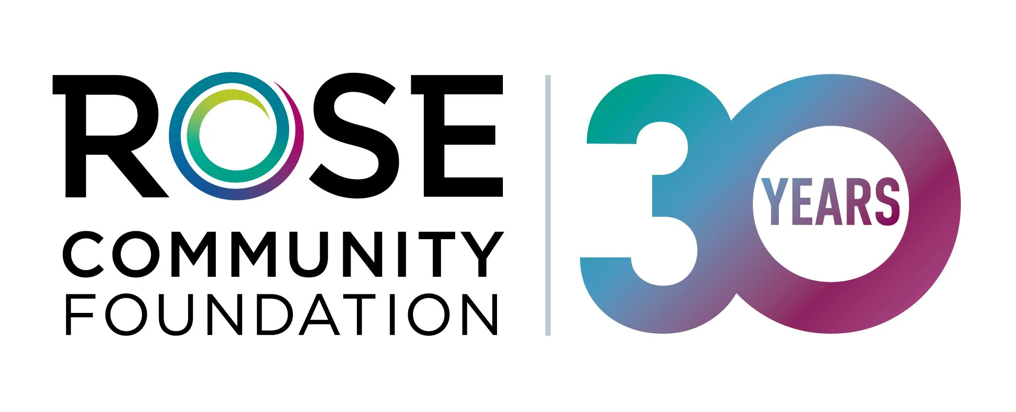 Logo celebrating the 30th anniversary of the ROSE Community Foundation with multicolored text and design elements.
