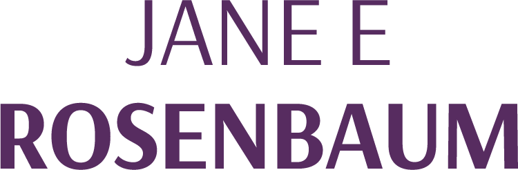 The image displays the name 'Jane E Rosenbaum' in large purple text on a black background.