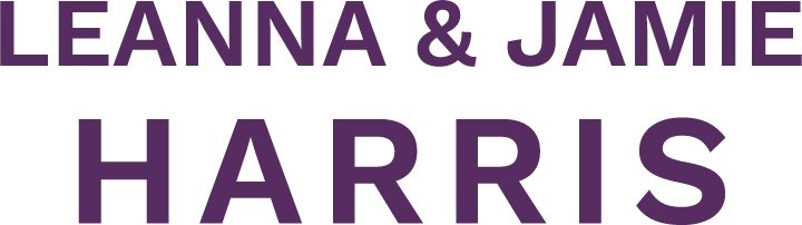 Text in purple font reading 'Leanna & Jamie Harris' on a black background.