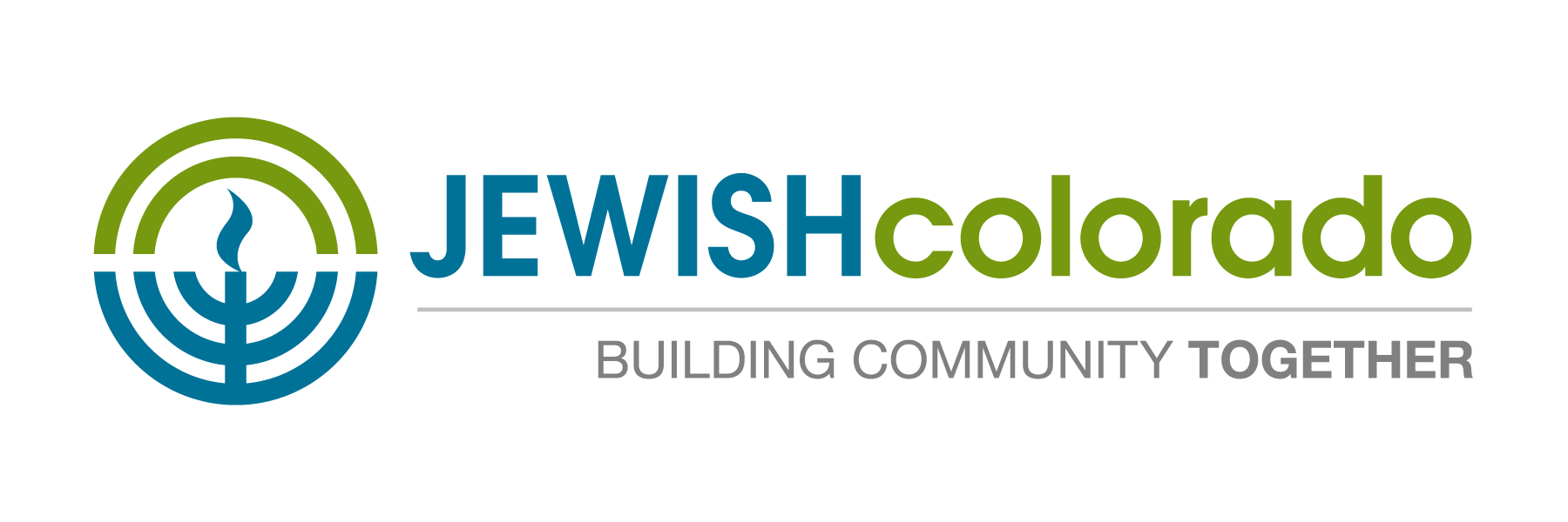 Logo of Jewish Colorado with blue and green stylized menorah and the text "Jewish Colorado" and the tagline "Building Community Together".