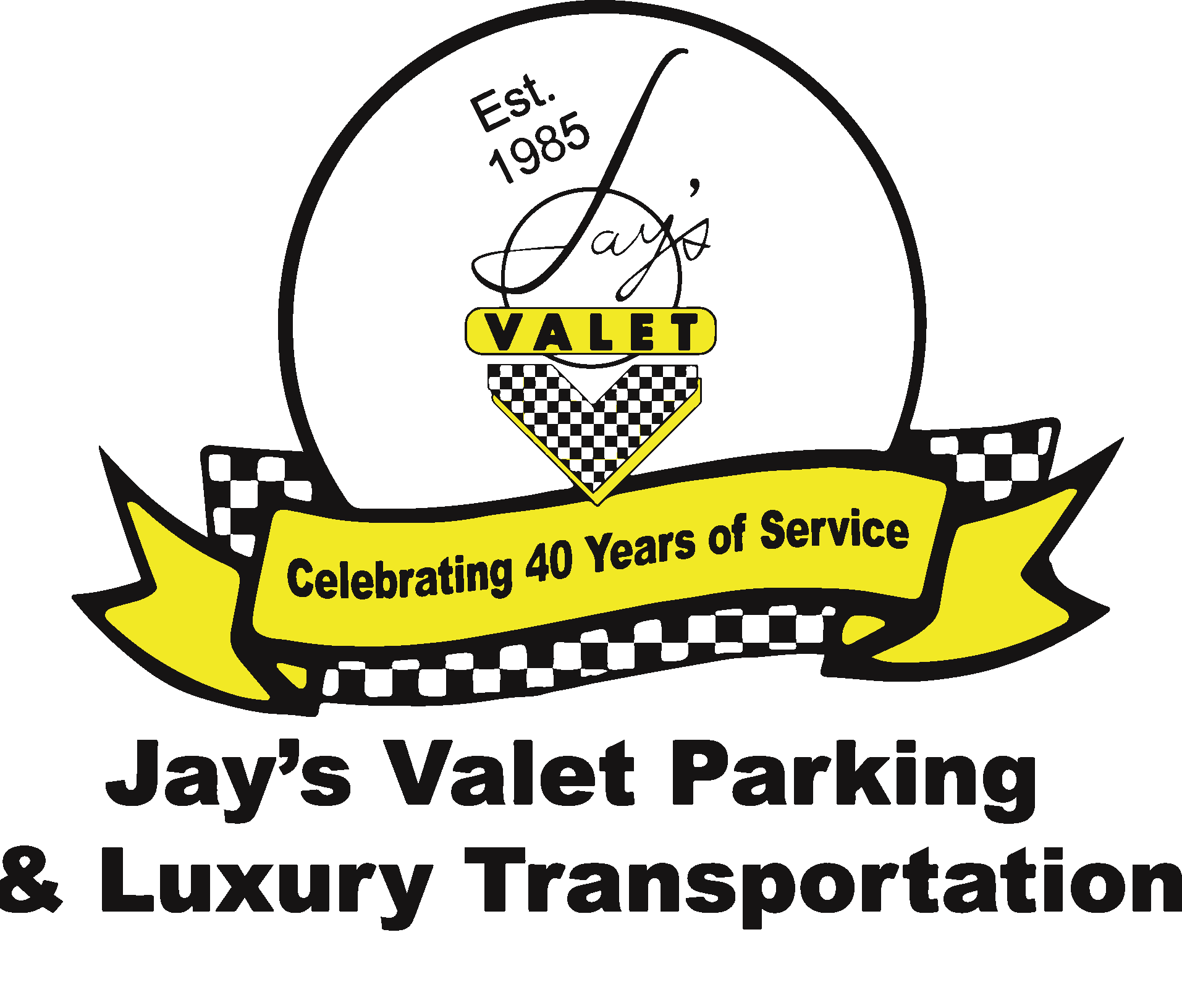 A logo for Jay's Valet Parking featuring a checkered flag pattern, bold yellow accents, and text celebrating 40 years of service.