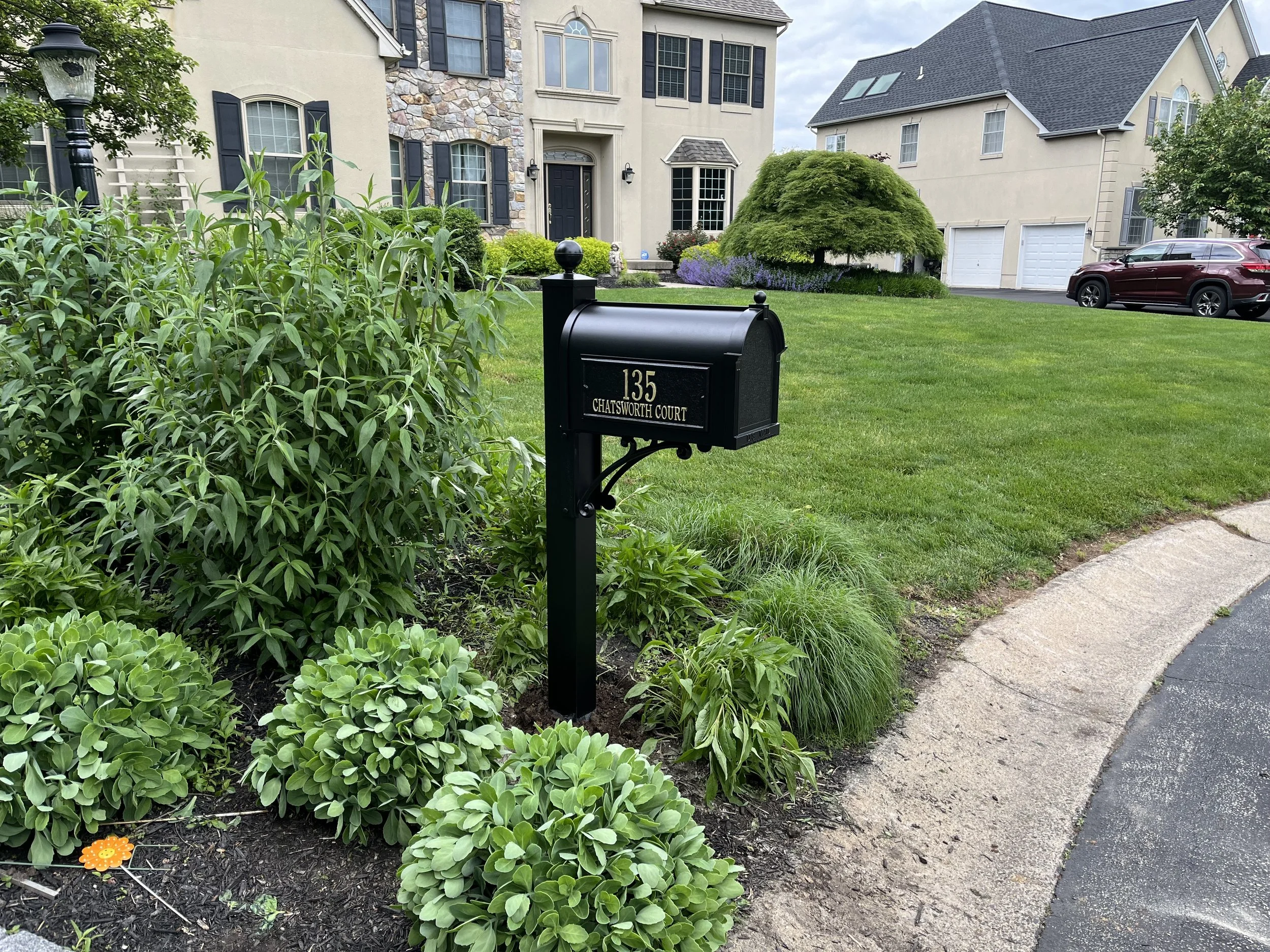 New, decorative black mailbox in front of a nice house with nice landscaping
